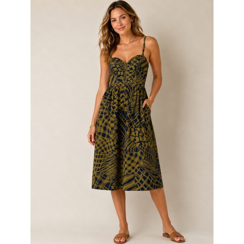 Maple Women Silk Midi Dress Olive Navy Abstract Sweetheart Smocked Back Size 4
